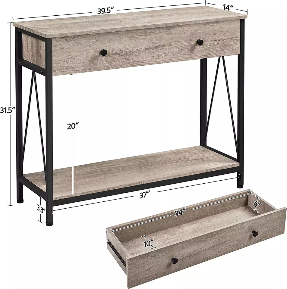 New Design 3 Tier Console Table with 2 Drawers,, Long Narrow Wood Console Table for Living Room