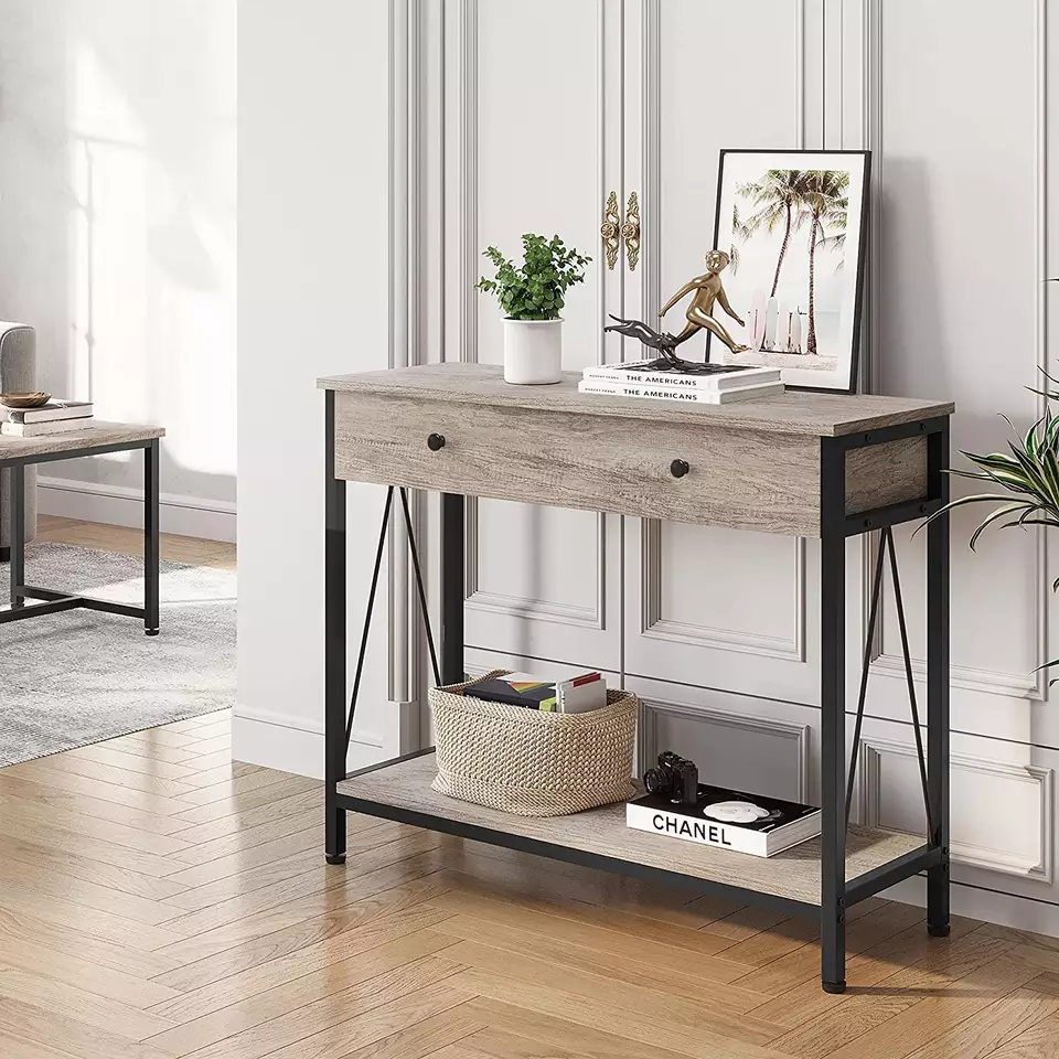 New Design 3 Tier Console Table with 2 Drawers,, Long Narrow Wood Console Table for Living Room